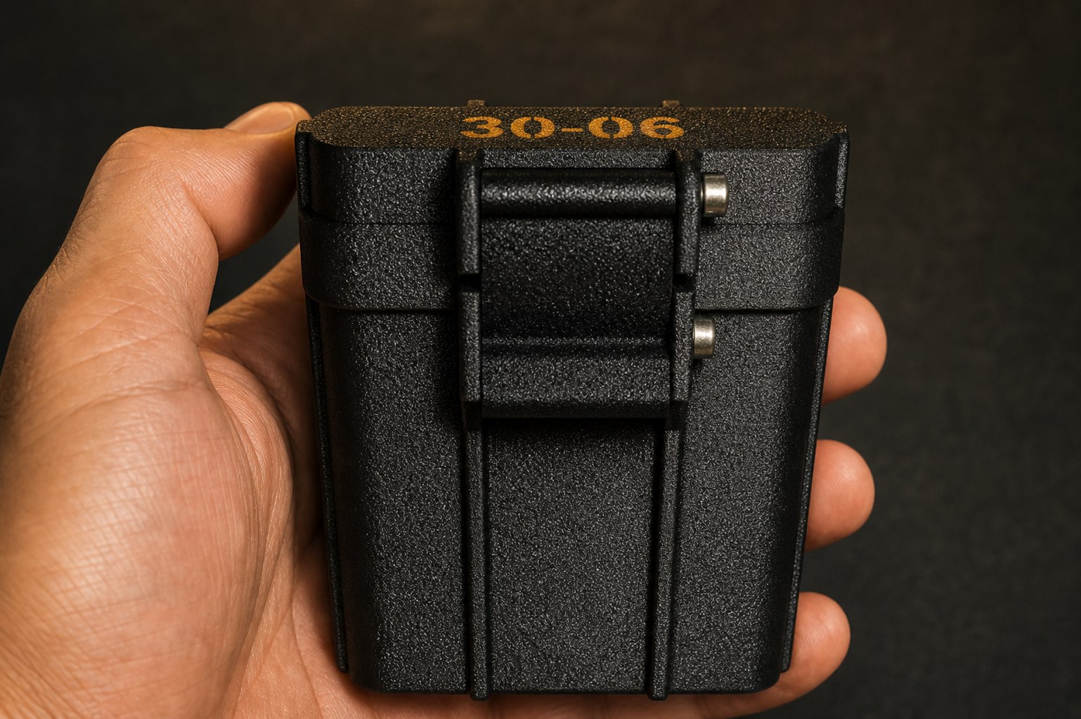 Detailaufnahme einer schwarzen Munitionsbox in der Hand