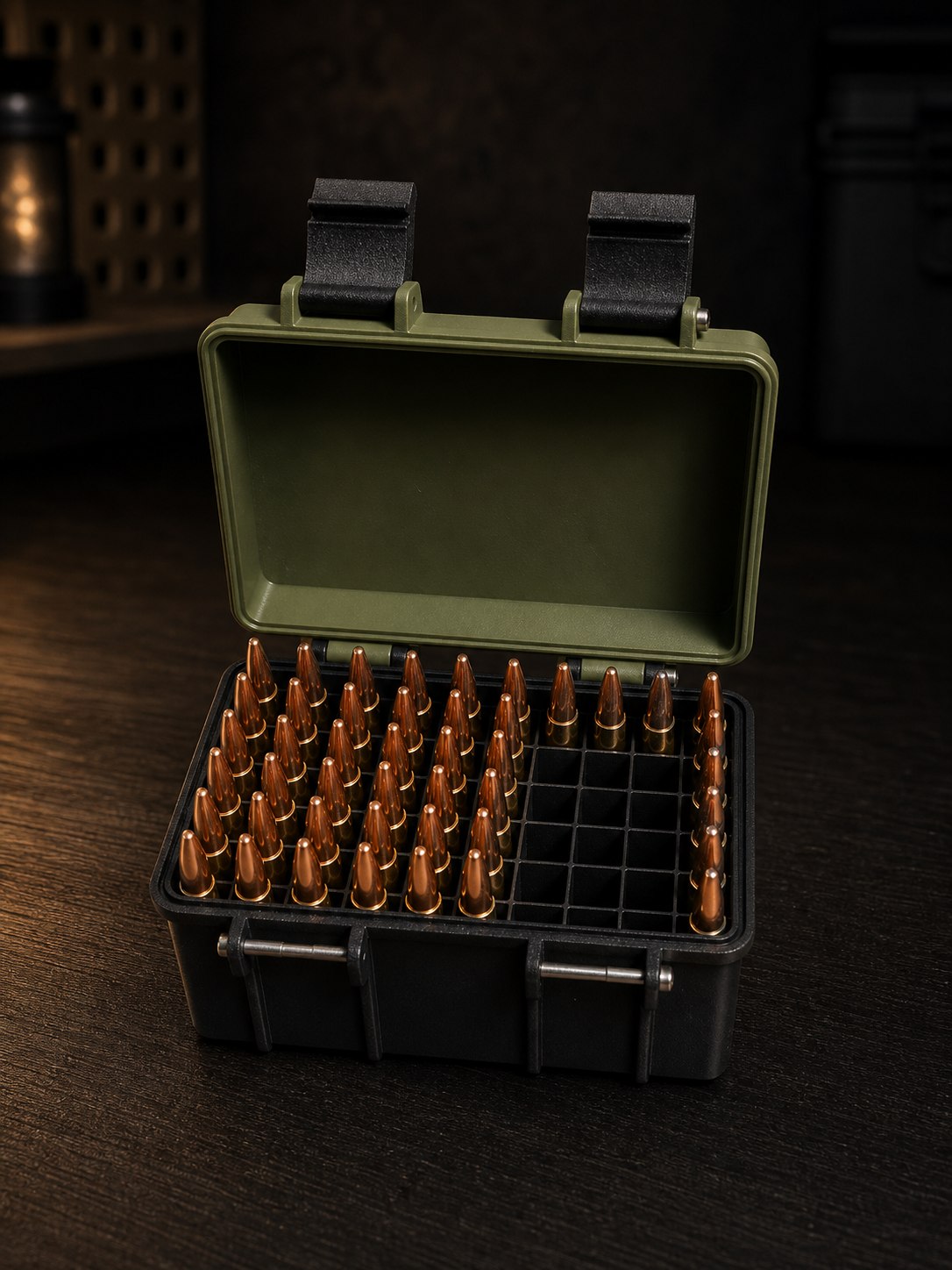 Offene Munitionsbox mit Patronen und grünem Deckel
