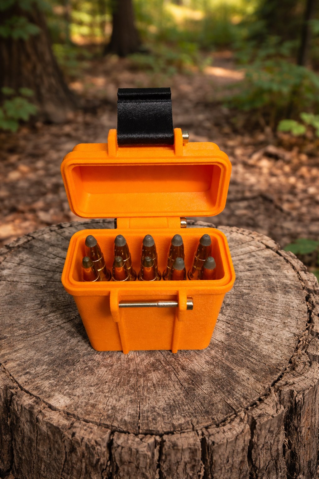 Offene orange Munitionsbox mit Patronen im Wald