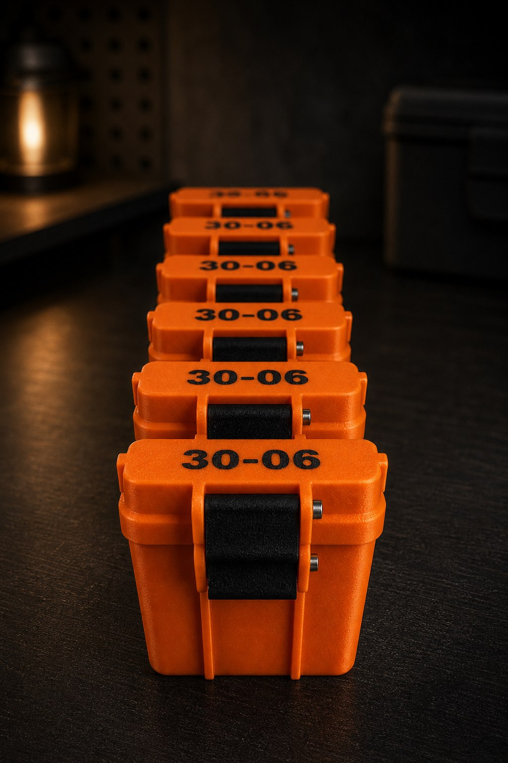 Serie orangefarbener Munitionsboxen mit 30-06 Beschriftung